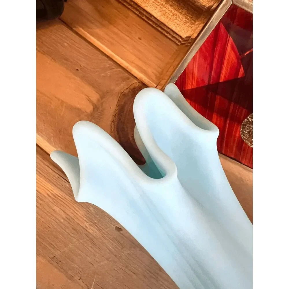 Vintage Fenton Stretch Swung Blue Satin Custard Milk Glass Diamond Pattern Vase